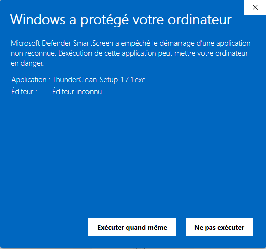 Fenêtre Windows SmartScreen — bouton Exécuter quand même